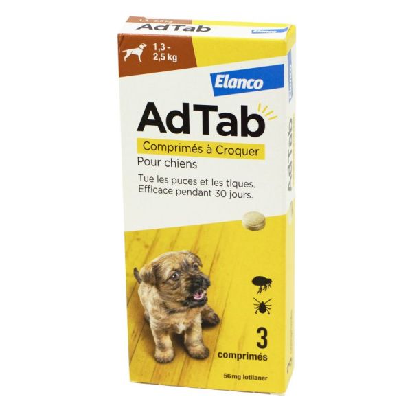 ADTAB 56mg de Lotilaner Antiparasitaire Interne Chien de 1.3 à 2.5kg - 3 Comprimés à Croquer