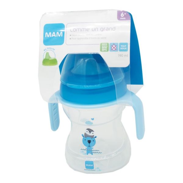 MAM Tasse d'apprentissage 190ml Bleu - Biberon Learn to Drink Cup 6 Mois et + avec Poignée - 1 Unité