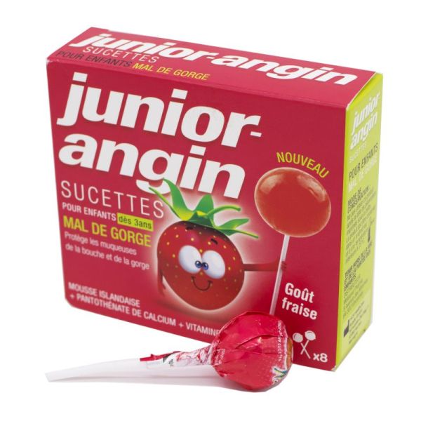 JUNIOR ANGIN 8 Sucettes Enfant, Dès 3 Ans - Mal de Gorge - Goût Fraise