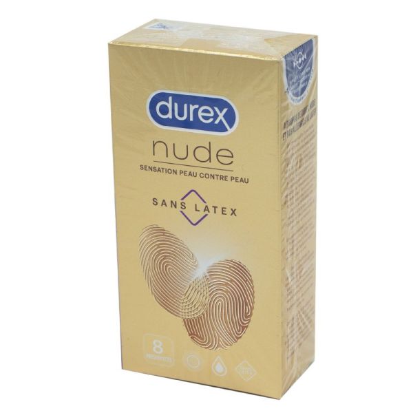 DUREX NUDE - 08 Préservatifs Extra Lubrifiés sans Latex 56mm - Sensation Peau contre Peau