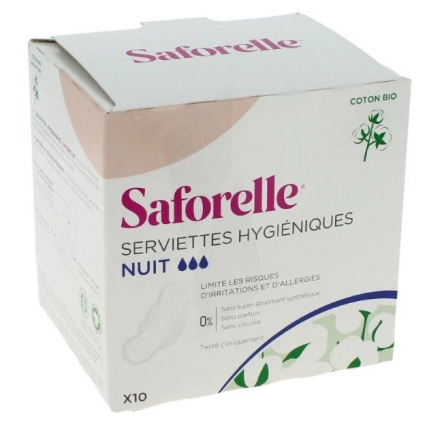 SAFORELLE Coton Protect 10 Serviettes Hygièniques NUIT en Coton Bio - Extra Fines, avec Ailettes
