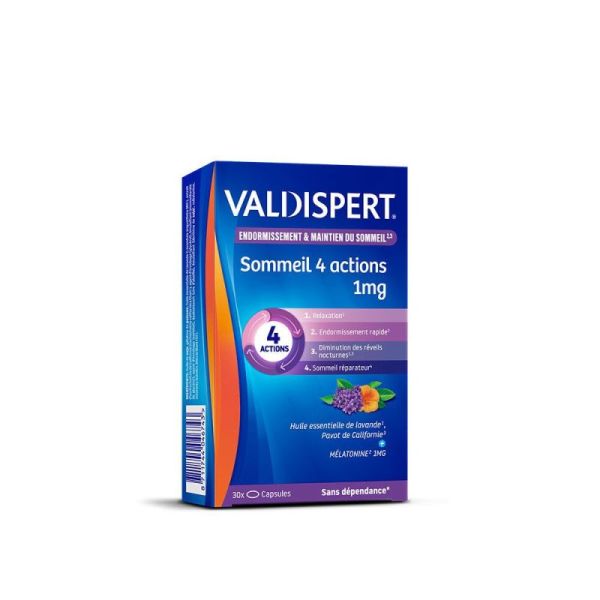 VALDISPERT MELATONINE 1 mg 30 Capsules - 4 Actions : Endormissement + Relaxation + Diminution des Rêves Nocturnes