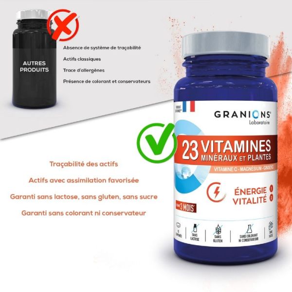 GRANIONS PILULIERS Energie Vitalité 90 Comprimés - 23 Vitamines, Minéraux et Plantes