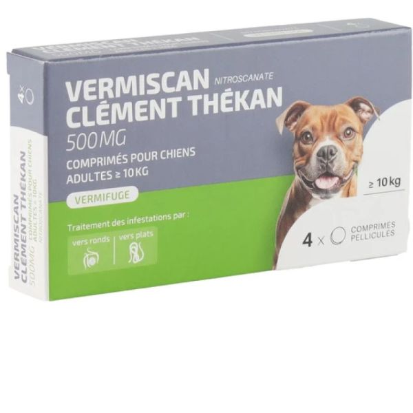 VERMISCAN Chiens 500mg - Vermifuge Chien Plus de 10kg - Vers Ronds, Vers Plats - Bte/4 Comprimés