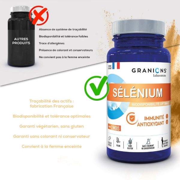 GRANIONS PILULIERS Sélénium 60 Gélules Végétales - Immunité, Antioxydant