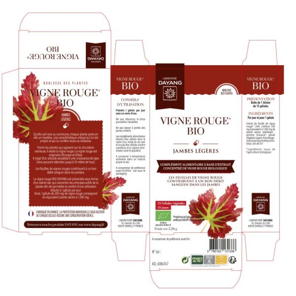 DAYANG VIGNE ROUGE BIO 15 Gélules Végétales - Complément Alimentaire Jambes Légères