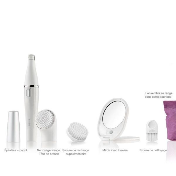 BRAUN Face Spa Epilateur Visage + Brosse Nettoyante + Miroir + Pochette de Rangement