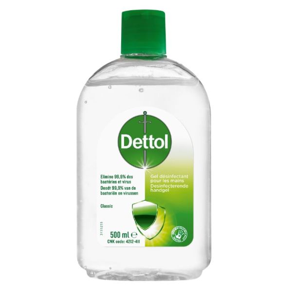 DETTOL CLASSIC Gel Désinfectant pour les Mains 500ml - Elimine 99.9% des Bactéries et Virus