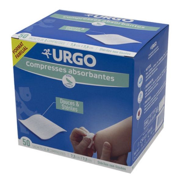 URGO Compresses Absorbantes Stériles 7.5 x 7.5cm - Bte/100 - Plaies, Pansements