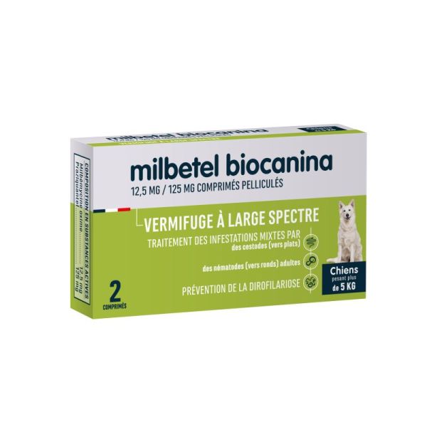BIOCANINA MILBETEL 12.5mg/125mg Vermifuge Chiens de 5 à 75 kg - Comprimés Pelliculés Arôme Viande - 3661729025223