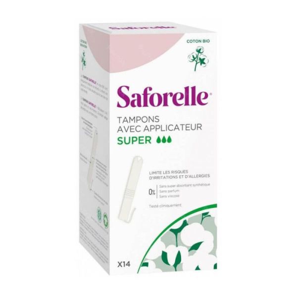 SAFORELLE Coton Protect 14 Tampons SUPER avec Applicateur en Coton Bio - Hygiène Féminine