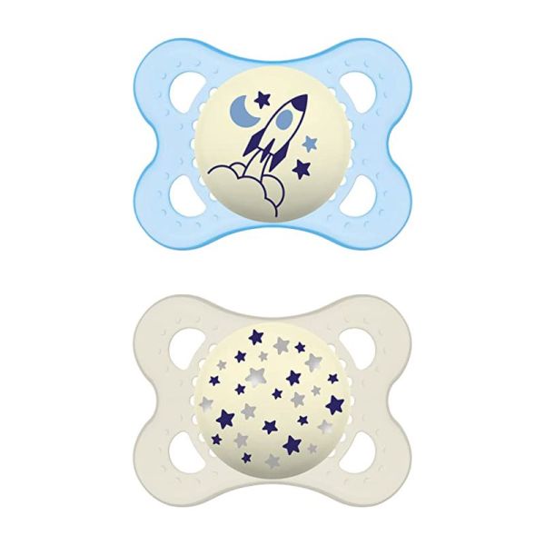 MAM Tétine originale Night S177 - Tétine avec tétine en latex pour bébé de  16 mois et brille dans le noir - Neutre (2 pièces) avec boîte