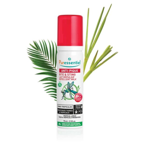 PURESSENTIEL ANTI-PIQUE Lait Répulsif Waterproof dès 6 Mois 75ml - Zones Tropicales