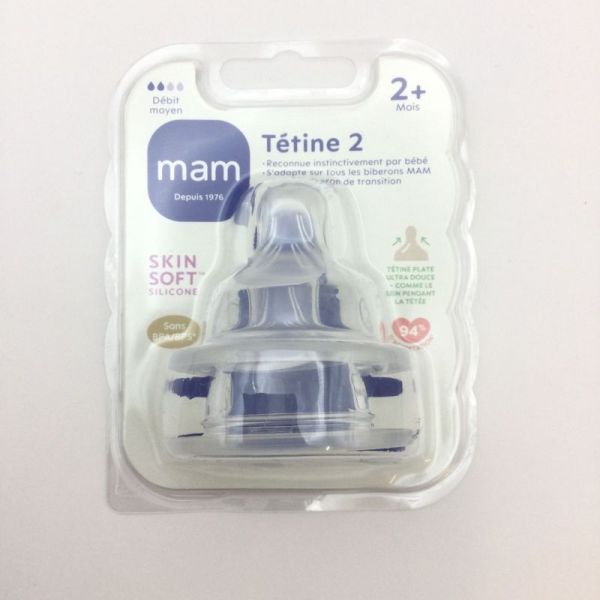 MAM Tétine Débit 2 (Moyen) - 2 Mois et + Tétine Plate en Silicone pour Biberon - Sans BPA - Bte/2