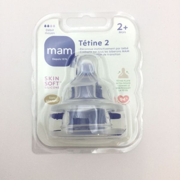 MAM Tétine Débit 2 (Moyen) - 2 Mois et + Tétine Plate en Silicone pour Biberon - Sans BPA - Bte/2