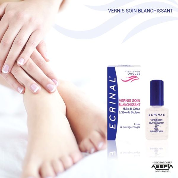 ECRINAL Vernis Soin Blanchissant 10ml - Soin des Ongles Jaunis, Tachés et Ternes - Huile de Coton, Sève de Bouleau