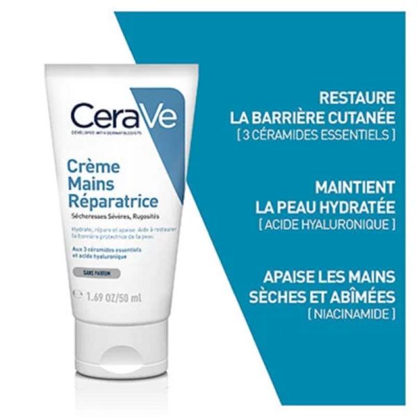 CRERAVE Crème Mains Réparatrice 50ml - Sècheresses Sévères, Rugosités - Mains Gercées, Abîmées