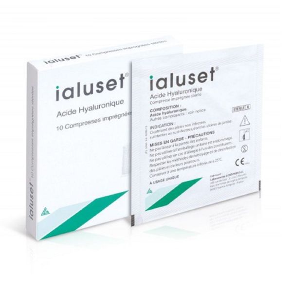 IALUSET Compresse 10 x 10cm - Bte/10 - Stérile, Imprégnée à Base d' Acide Hyaluronique