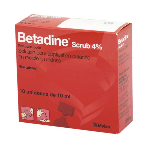 BETADINE SCRUB 4 %, solution cutanée (moussante), Boite de 10 unidoses de 10 ml