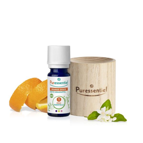 PURESSENTIEL Coffret Diffusez l' Ambiance des Fêtes Noël - 1 Diffuseur en Bois + 1 Huile Essentielle Bio Orange Douce 10ml