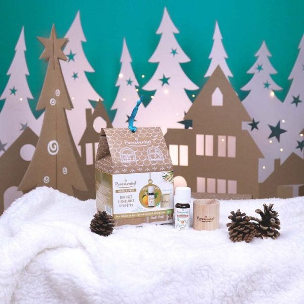 PURESSENTIEL Coffret Diffusez l' Ambiance des Fêtes Noël - 1 Diffuseur en Bois + 1 Huile Essentielle Bio Orange Douce 10ml