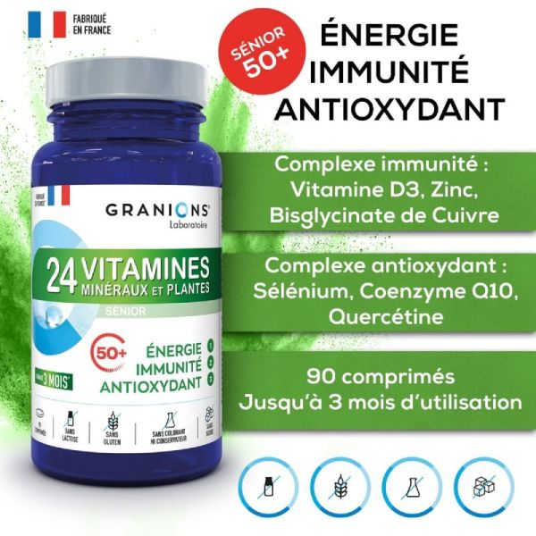 GRANIONS PILULIERS Sénior Antioxydant 90 Comprimés - 24 Vitamines, Minéraux et Plantes