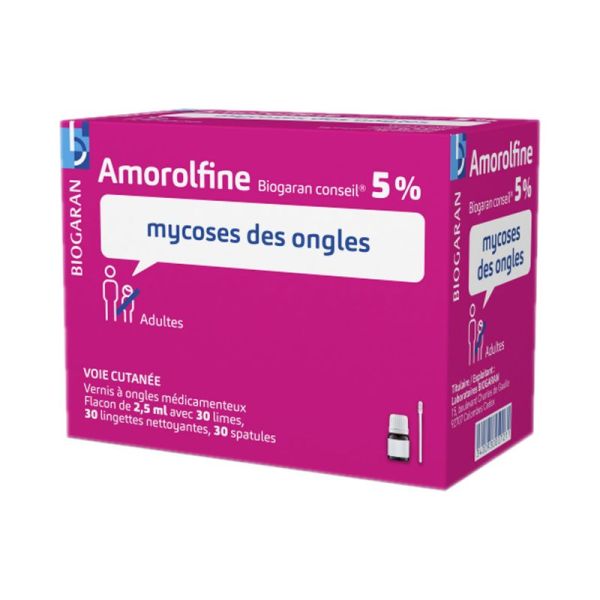 Amorolfine 5% Biogaran Conseil vernis à ongles médicamenteux, Flacon 2,5 ml