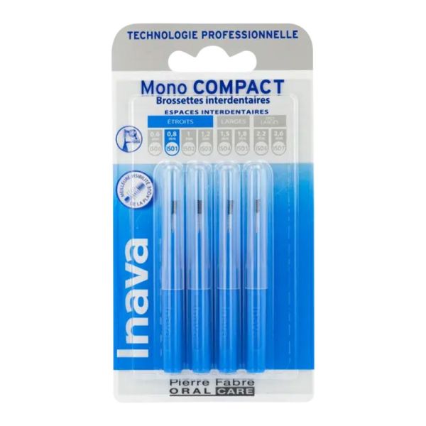 Brossettes MONO COMPACT Bleues 0.8mm ISO1 - Espaces Interdentaires Etroits - Bte/4