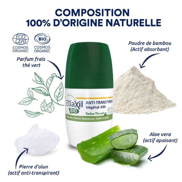 ETIAXIL BIO Anti Transpirant Végétal 48h Thé Vert 50ml - Transpiration Modérée des Aisselles