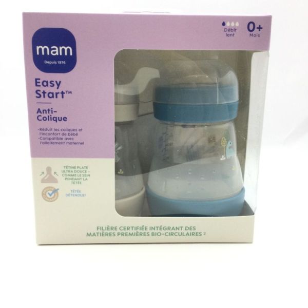 MAM  2 Biberons Easy Start  Anti Colique 160ml - Bleu + Gris 0 Mois et + Tétine Débit 1Lent 9001616836503