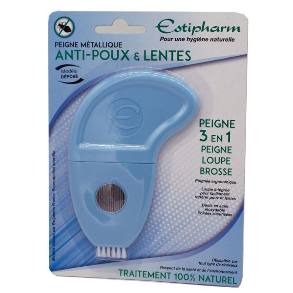 ESTIPHARM 1 Peigne Métallique Anti Poux et Anti Lentes - 3 en 1 : Peigne, Loupe, Brosse