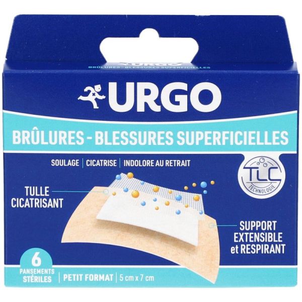 URGO Brûlures, blessures superficielles : soulage et cicatrise 5x7cm Boîte/6
