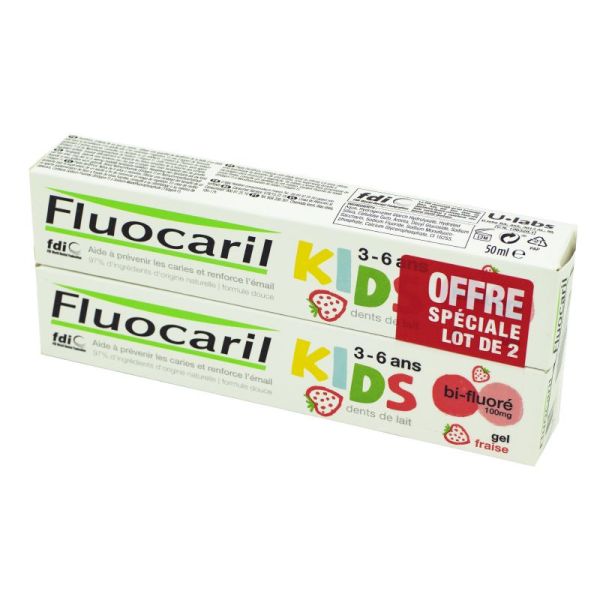 FLUOCARIL KIDS 3 à 6 Ans - Gel Dentifrice Bi-fluoré Fraise Lot de 2x 50ml