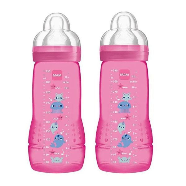 MAM - Biberons Easy Active 6+ mois (2 x 330 ml) Bleus – Lot de 2 biberons  avec tétine en silicone débit X vitesse ultra-rapide – Biberons pour bébé