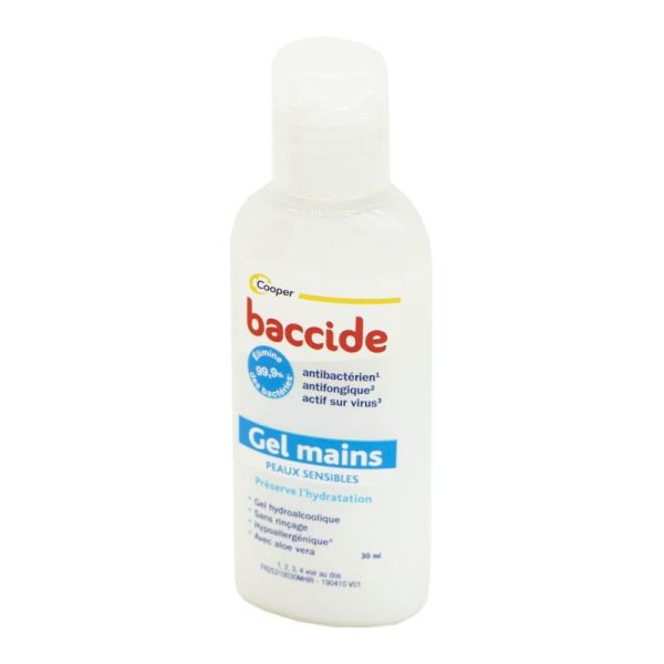 BACCIDE Gel Mains 30ml Peaux Sensibles - Gel Mains Hydroalcoolique sans Rinçage, sans Parfum Spécial