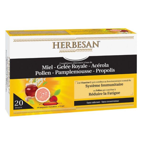 HERBESAN Miel, Gelée Royale, Acérola, Pollen, Pamplemousse, Propolis - 20 Ampoules