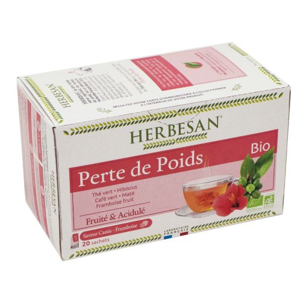 HERBESAN BIO PERTE DE POIDS 20 Sachets de 1.5g - Thé Vert, Hibiscus, Café Vert, Maté, Framboise Fruit