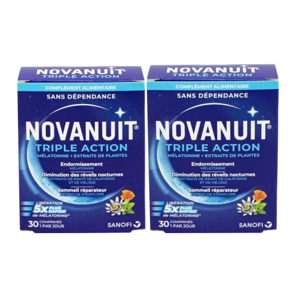 NOVANUIT Triple Action Lot de 2x 30 Comprimés - Endormissement, Réveils Nocturnes, Sommeil Réparateur