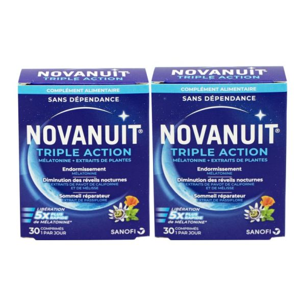 NOVANUIT Triple Action Lot de 2x 30 Comprimés - Endormissement, Réveils Nocturnes, Sommeil Réparateur