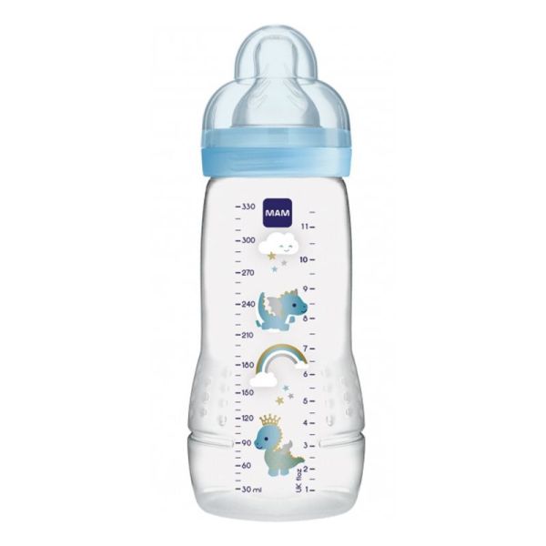 MAM Biberon Easy Active +6 Mois 330ml Transparent Bague Bleue - Tétine Débit X