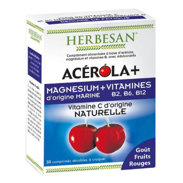 ACEROLA+ 30 Comprimés - Magnésium d' Origine Marine + Vitamines B2, B6, B12