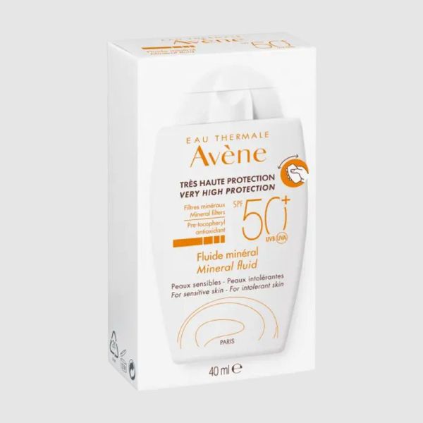 AVENE SOLAIRE Fluide Minéral SPF50+ 40ml - Très Haute Protection Peaux Sensibles, Réactives, Intolérantes