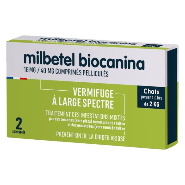BIOCANINA - Milbetel, Vermifuge à large spectre - 16mg/40mg comprimés pelliculés - 2 comprimés - chats +2kg