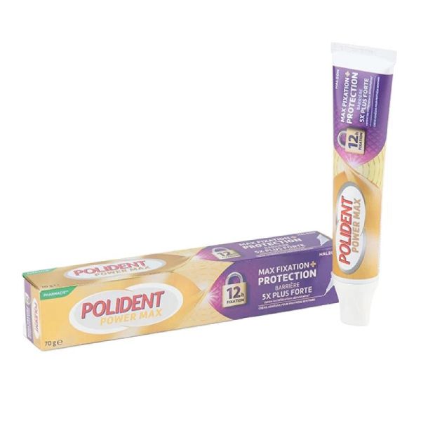POLIDENT Power Max Fixation + Protection 70g - Crème Fixative pour Prothèses Dentaires Partielles ou Complètes