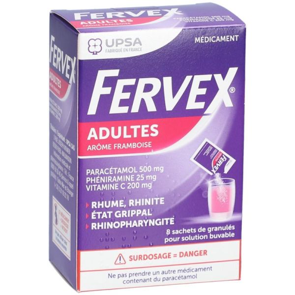 Fervex Adultes Framboise, granulés - Boite de 8 sachets