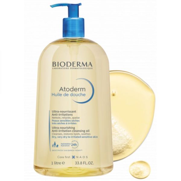 BIODERMA Atoderm Huile de Douche 1 Litre Ultra Nourrissante, Anti Irritations - Peaux Sensibles Sèches