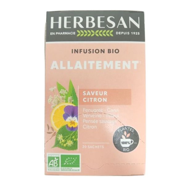 HERBESAN BIO ALLAITEMENT 20 Sachets de 1.5g - Fenouil, Carvi, Verveine, Tilleul, Pensée Sauvage, Citron Ecorce