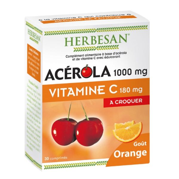 HERBESAN Acérola 1000mg Vitamine C 180mg Goût Orange - Complément Alimentaire Fatigue - 30 Comprimés