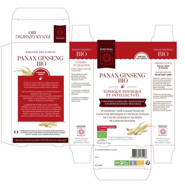 DAYANG GINSENG PANAX 15 Gélules Végétales, Complément Alimentaire Tonique Physique et Intellectuelle