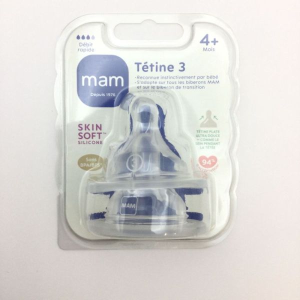 MAM Tétine Débit 3 (Rapide) - 4 Mois et + Tétine Plate en Silicone pour Biberon - Sans BPA - Bte/2